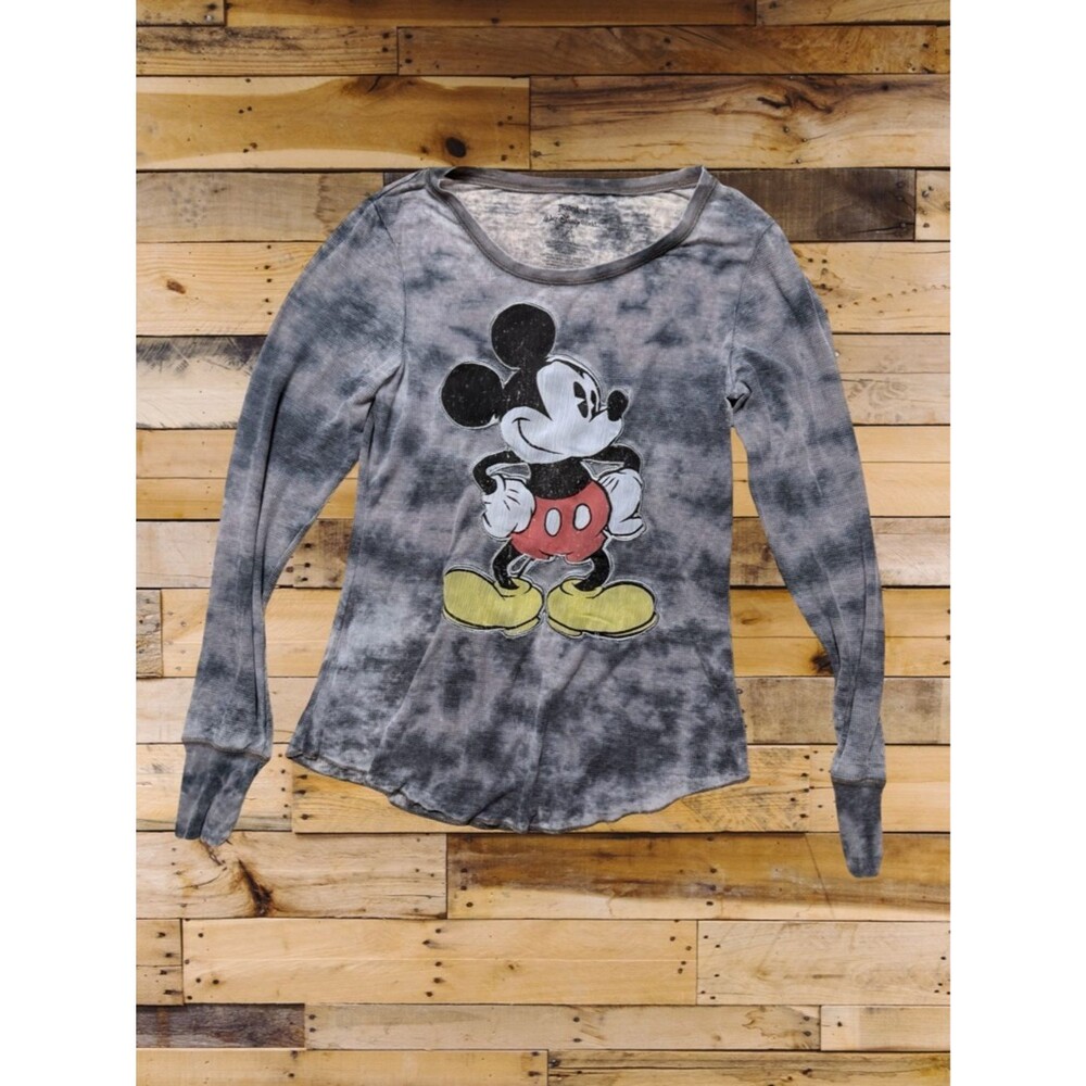 Disney Parks Mickey Mouse Acid Wash Waffle Knit Long Sleeve Top Gray XL